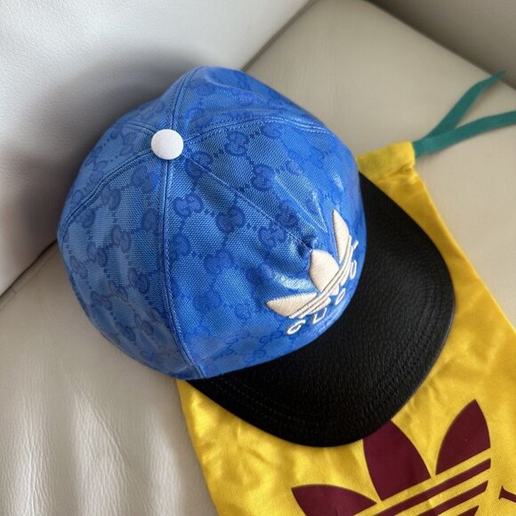 NEW Gucci x Adidas GG LOGO Supreme Baseball Cap Hat Blue Black Canvas Unisex XS main image 4